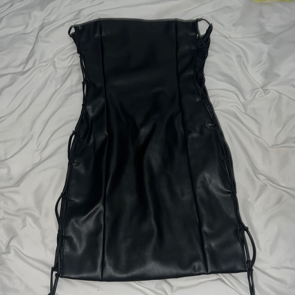 Meshki Faux Leather Lace Up Mini Dress